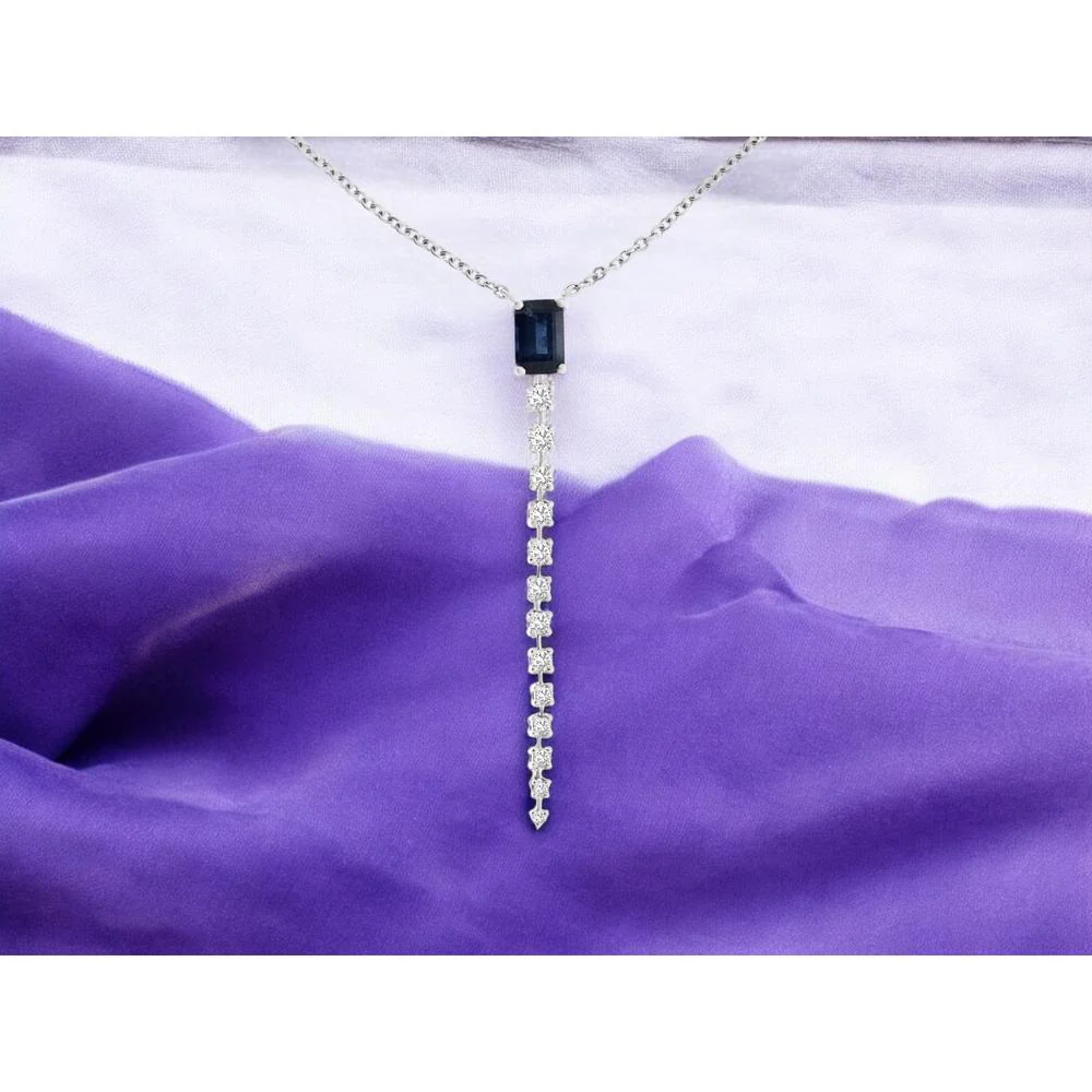14K White Gold Emerald-Cut Sapphire and Diamond Drop Lariat Necklace - 0.60 Carat Sapphire and 0.27 Carat Total Diamond Weight - Royal Jewelry - Image 2