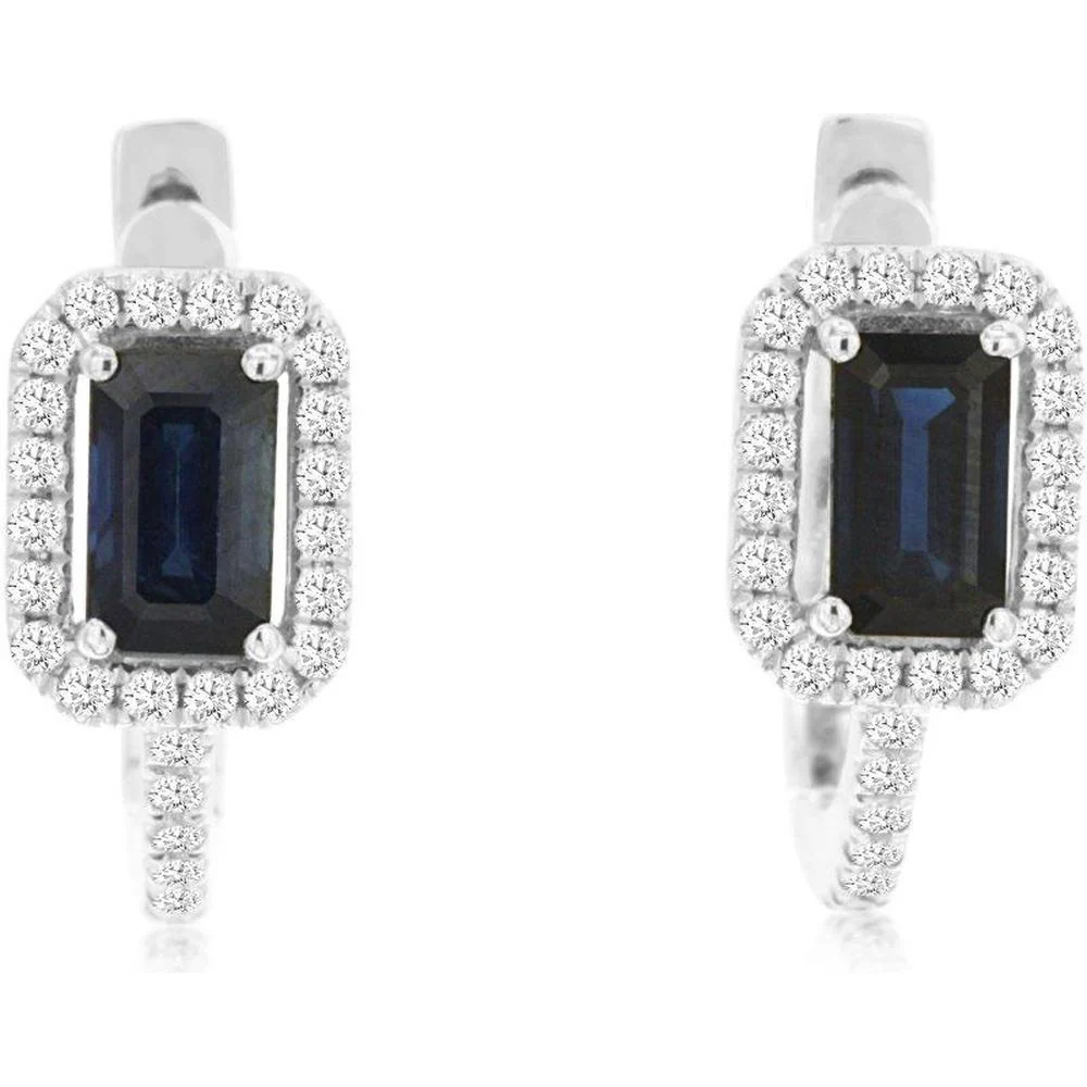 14K White Gold Emerald Cut Sapphire and Diamond Halo Lever-Back Earrings - 0.75 Carat Total Sapphire Weight, 0.21 Carat Total Diamond Weight - Royal Jewelry