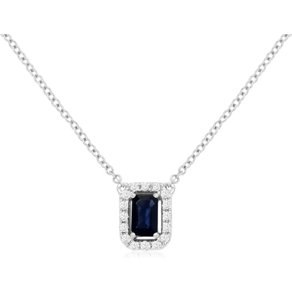 14K White Gold Emerald Cut Sapphire and Diamond Halo Necklace - 0.37 Carat Sapphire and 0.11 Carat Total Diamond Weight - Royal Jewelry