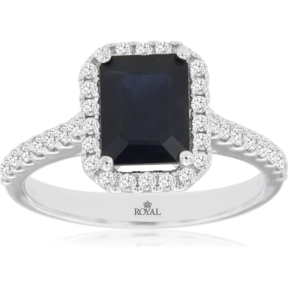 14K White Gold Emerald Cut Sapphire & Diamond Halo Ring - 1.85 Carat Sapphire, 0.45 Carat Total Diamond Weight - Royal Jewelry