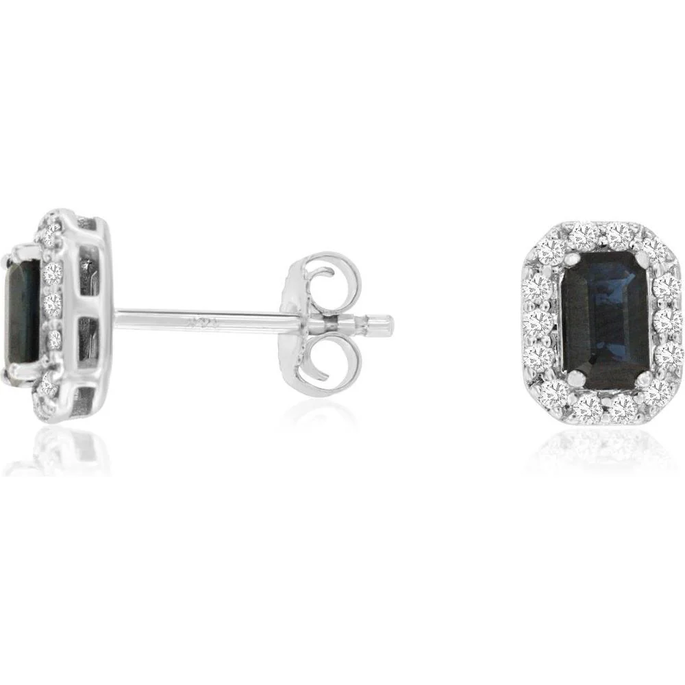 14K White Gold Emerald-Cut Sapphire & Diamond Halo Stud Earrings - 0.74 Carat Total Sapphire Weight & 0.20 Carat Total Diamond Weight - Royal Jewelry