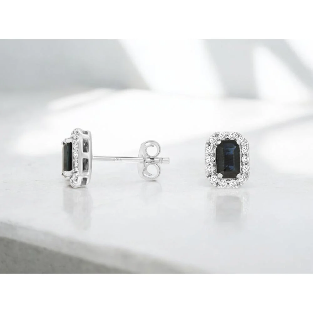14K White Gold Emerald-Cut Sapphire & Diamond Halo Stud Earrings - 0.74 Carat Total Sapphire Weight & 0.20 Carat Total Diamond Weight - Royal Jewelry - Image 2