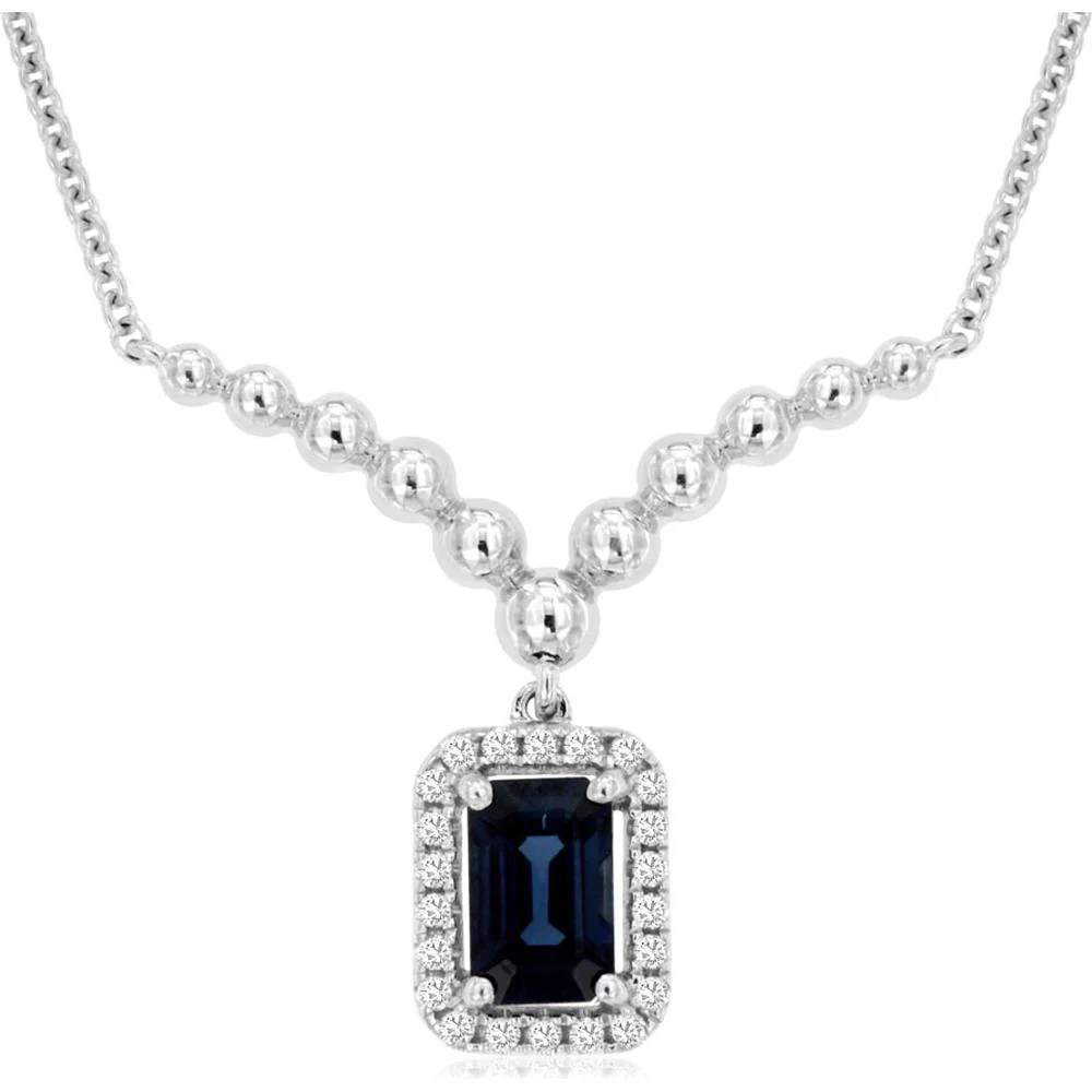 14K White Gold Emerald Cut Sapphire Pendant Necklace with Diamond Halo and Beaded Chain - 0.70 Carat Sapphire, 0.10 Carat Diamond Total Weight - Royal Jewelry