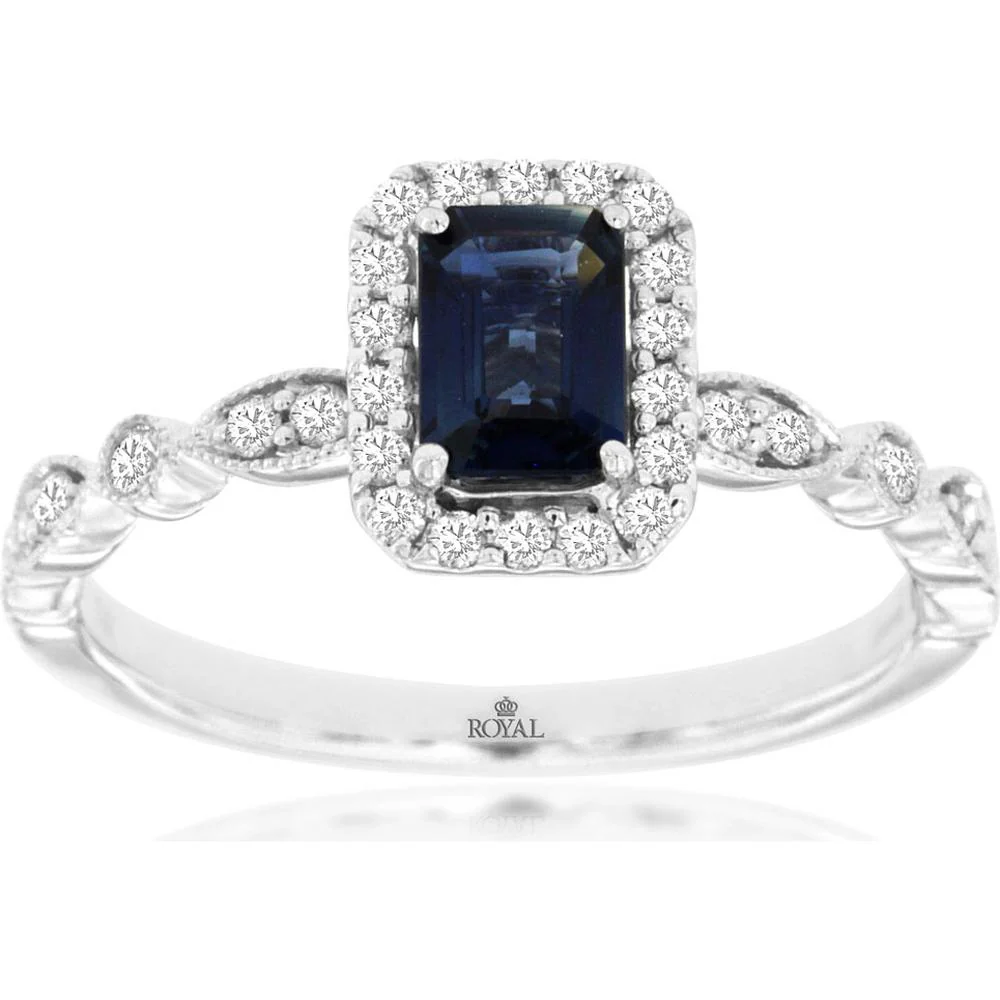 14K White Gold Emerald Cut Sapphire Ring with Diamond Halo and Vintage Milgrain Band - 0.70 Carat Sapphire and 0.26 Carat Diamonds - Royal Jewelry