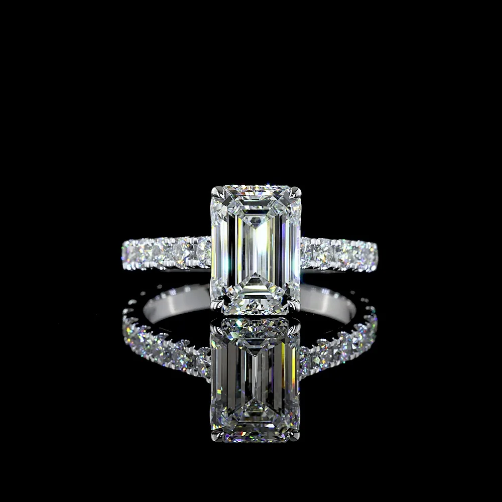 14K White Gold Emerald Cut Solitaire Shank Ring with Lab Diamonds - 3.89 Carat Total Diamond Weight (3.02 Carat Center E VVS2) - Covaloro Fine Jewelry