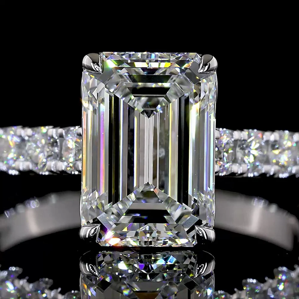14K White Gold Emerald Cut Solitaire Shank Ring with Lab Diamonds - 3.89 Carat Total Diamond Weight (3.02 Carat Center E VVS2) - Covaloro Fine Jewelry - Image 2
