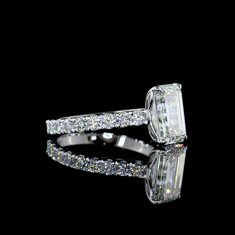 14K White Gold Emerald Cut Solitaire Shank Ring with Lab Diamonds - 3.89 Carat Total Diamond Weight (3.02 Carat Center E VVS2) - Covaloro Fine Jewelry - Image 3