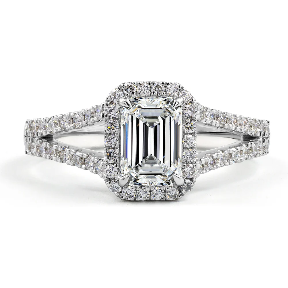 14K White Gold Emerald Cut Split Shank Halo Ring with D VVS2 Lab Diamond Center - 1.86 Carat Total Diamond Weight - Covaloro Fine Jewelry