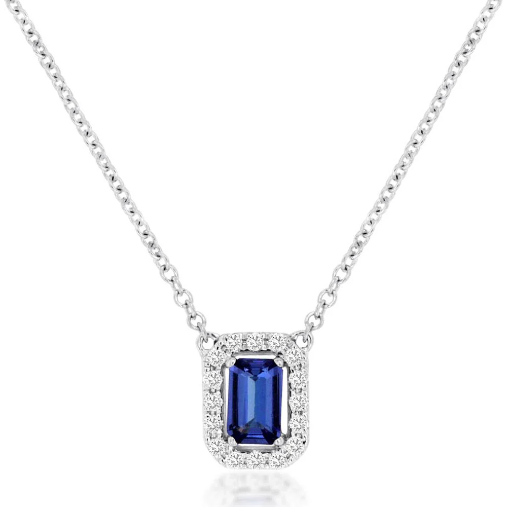 14K White Gold Emerald Cut Tanzanite and Diamond Halo Pendant Necklace - 0.32 Carat Tanzanite and 0.11 Carat Diamonds - Royal Jewelry