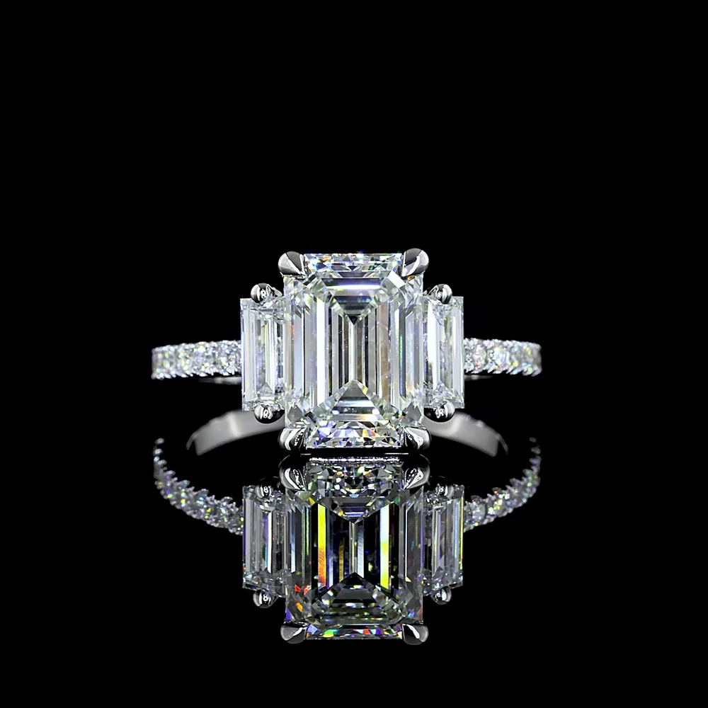 14K White Gold Emerald Cut Three Stone Ring with Baguette Side Stones and Pave Diamond Shank - 3.42 Carat Total Weight Lab Diamonds - Covaloro Fine Jewelry