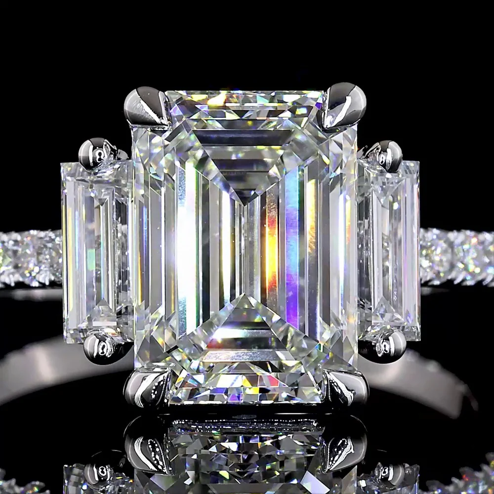 14K White Gold Emerald Cut Three Stone Ring with Baguette Side Stones and Pave Diamond Shank - 3.42 Carat Total Weight Lab Diamonds - Covaloro Fine Jewelry - Image 2