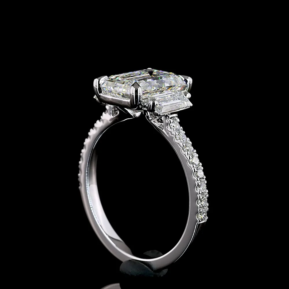 14K White Gold Emerald Cut Three Stone Ring with Baguette Side Stones and Pave Diamond Shank - 3.42 Carat Total Weight Lab Diamonds - Covaloro Fine Jewelry - Image 3