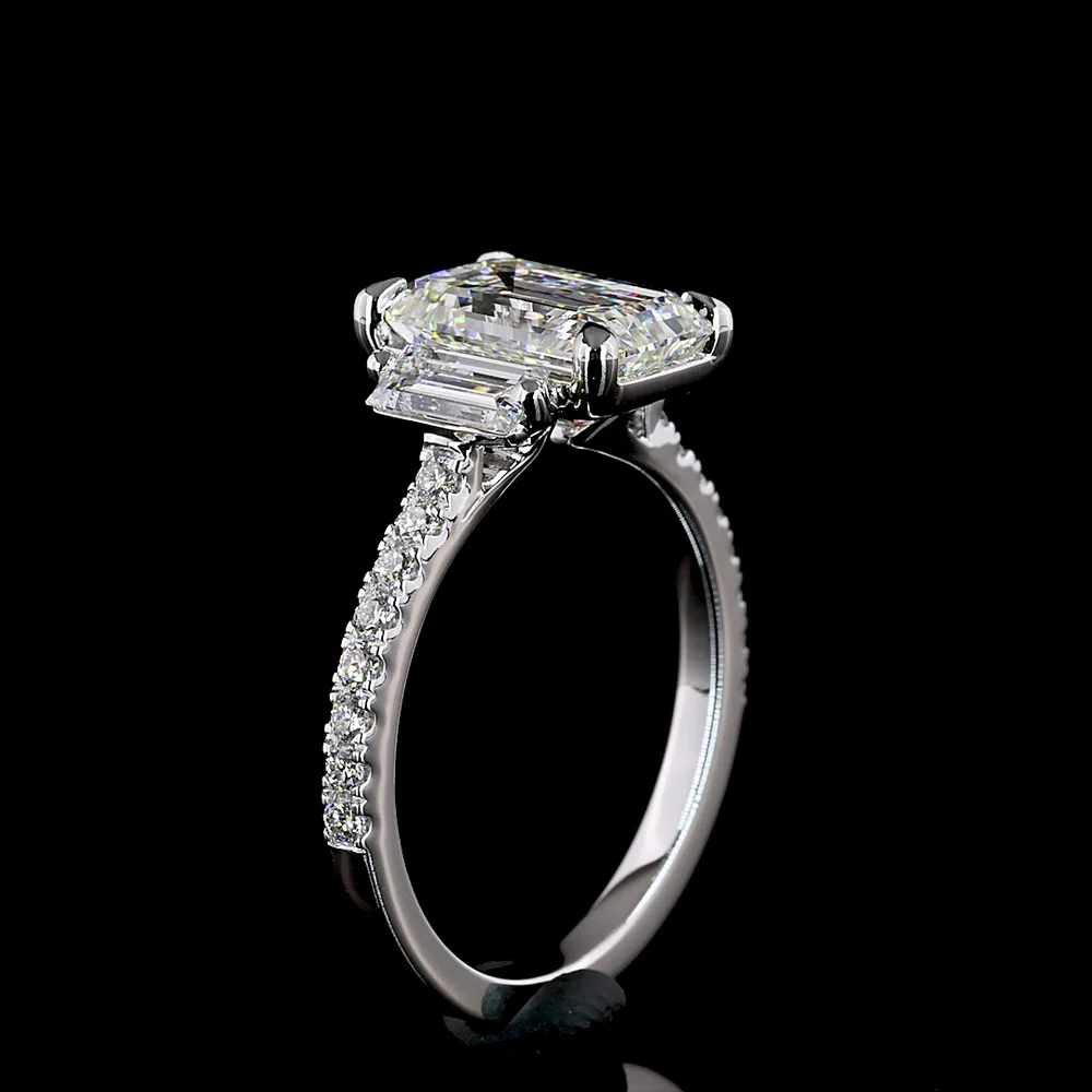14K White Gold Emerald Cut Three Stone Ring with Baguette Side Stones and Pave Diamond Shank - 3.42 Carat Total Weight Lab Diamonds - Covaloro Fine Jewelry - Image 4