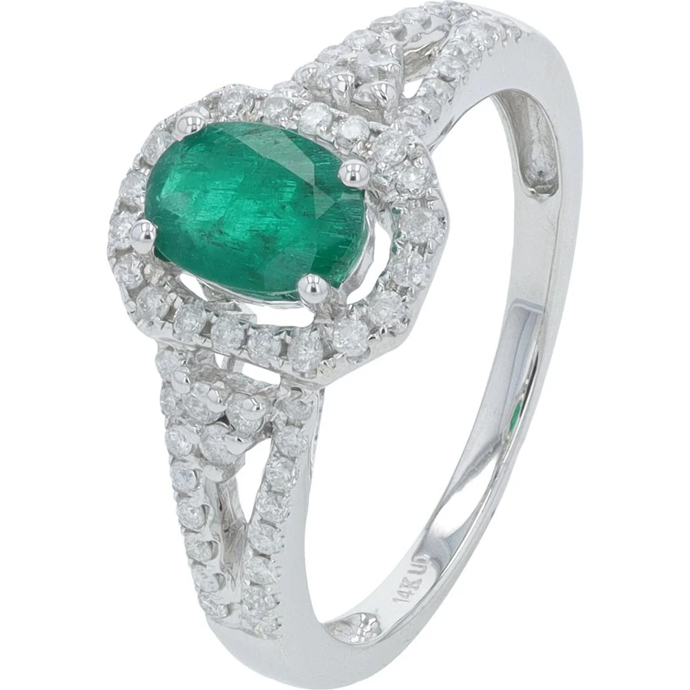 14K White Gold Emerald Ring with 0.75 Carat Oval Emerald and 0.33 Carat Total Diamond Halo