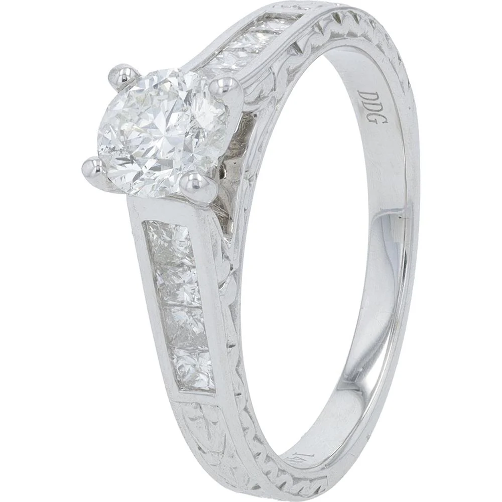 14K White Gold Engagement Ring with 0.63 Carat Round Center Diamond and Princess - Cut Diamond Accents - 1.00 Carat Total Diamond Weight