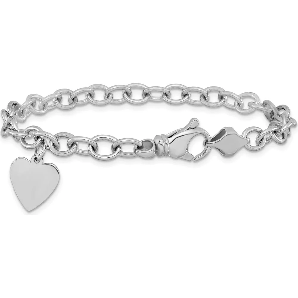 14K White Gold Engravable 19x13mm Solid Dangle Heart Charm Bracelet - 8.5" Length by Oro Pregiato - Image 3