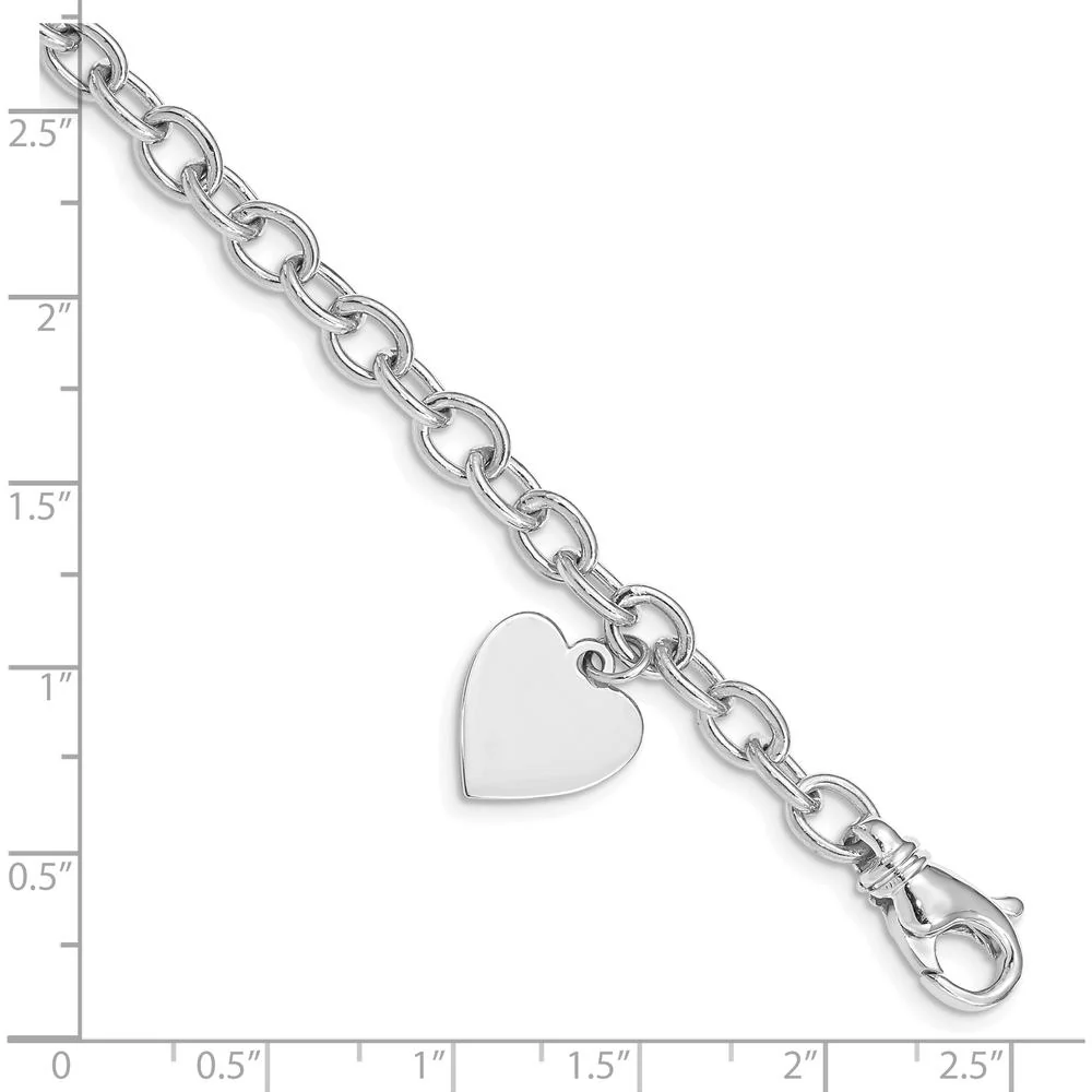 14K White Gold Engravable 19x13mm Solid Dangle Heart Charm Bracelet - 8.5" Length by Oro Pregiato - Image 4