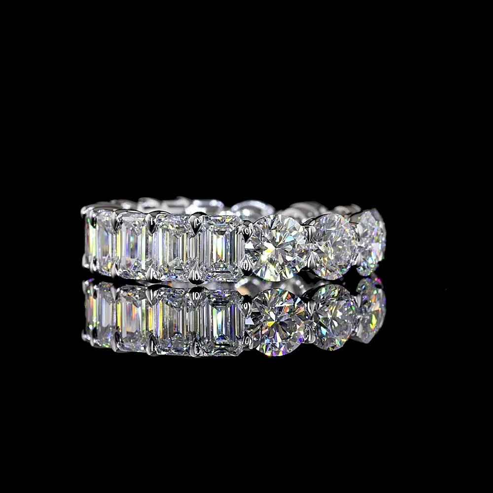 14K White Gold Eternity Band with 17 Alternating Round and Emerald Cut Lab Diamonds - 6.98 Total Carat Weight - Covaloro Fine Jewelry