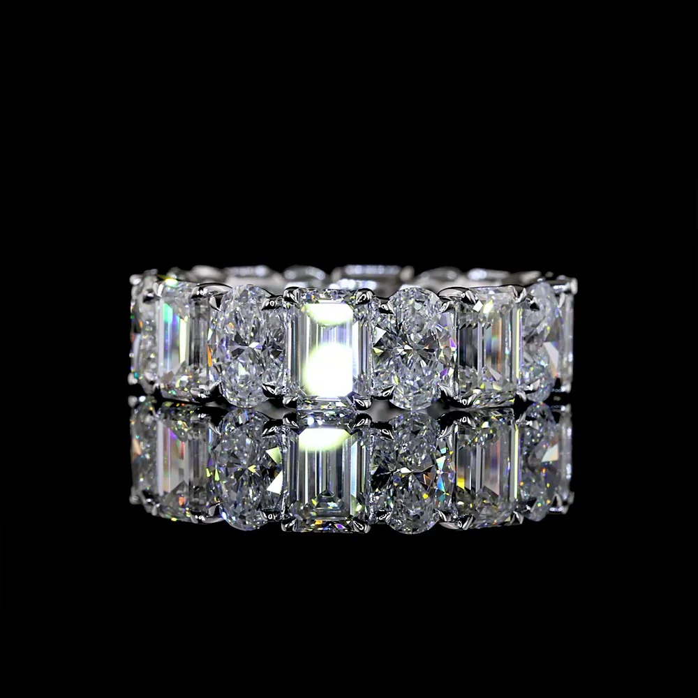 14K White Gold Eternity Band with Alternating Emerald and Oval Cut Lab Diamonds - 7.71 Carats Total Diamond Weight - Covaloro Fine Jewelry