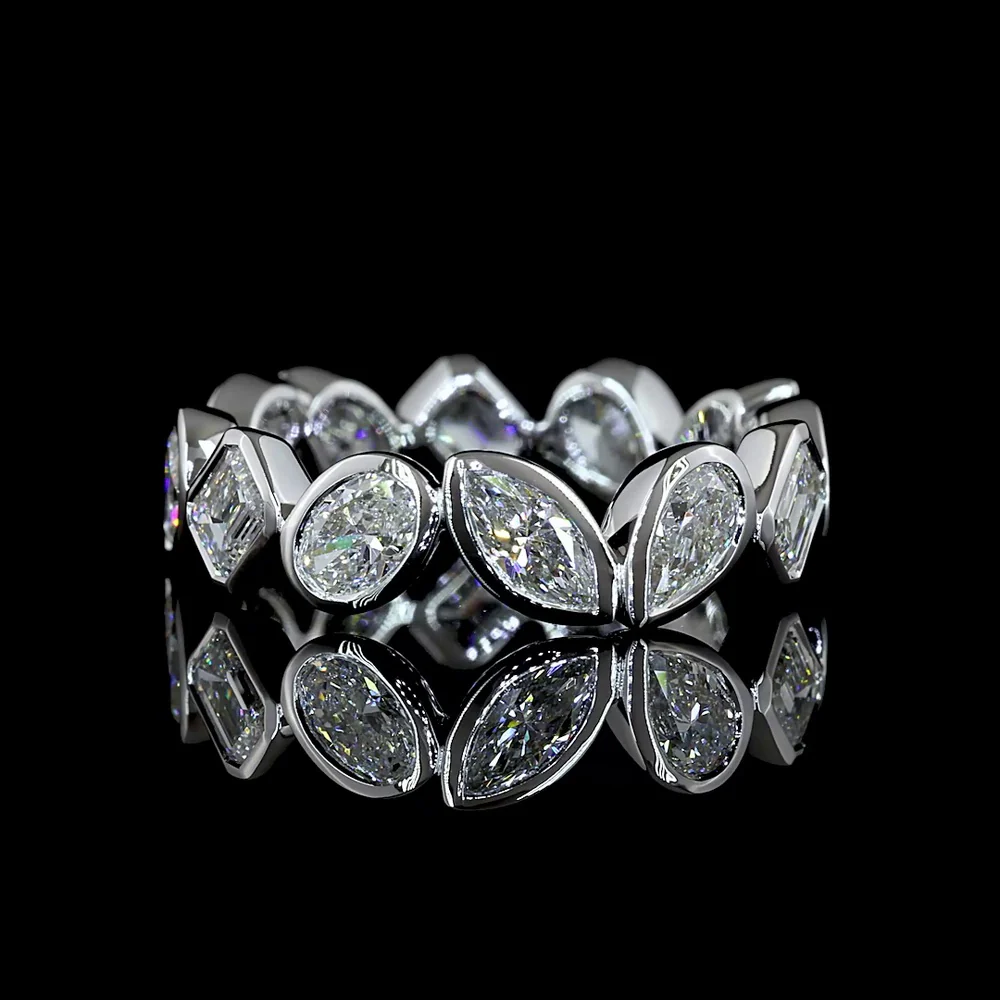 14K White Gold Eternity Band with Alternating Emerald Cut, Pear Shape, and Oval Cut Lab Diamonds in Bezel Settings - 2.62 Carat Total Diamond Weight - Covaloro Fine Jewelry