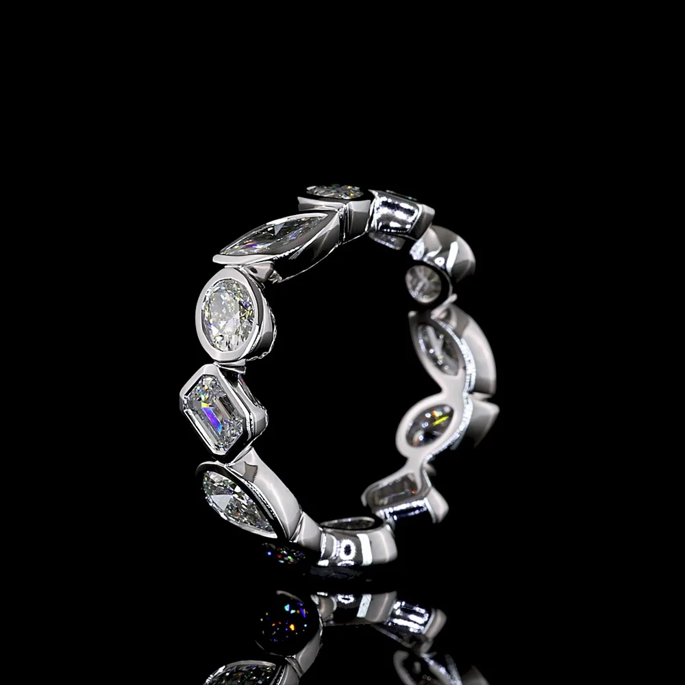 14K White Gold Eternity Band with Alternating Emerald Cut, Pear Shape, and Oval Cut Lab Diamonds in Bezel Settings - 2.62 Carat Total Diamond Weight - Covaloro Fine Jewelry - Image 4
