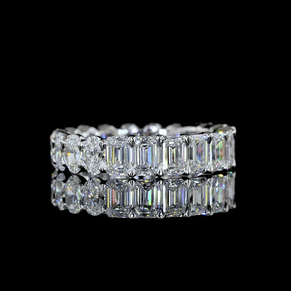 14K White Gold Eternity Band with Alternating Oval and Emerald Cut Lab Diamonds - 3.86 Carats Total Diamond Weight - Covaloro Fine Jewelry