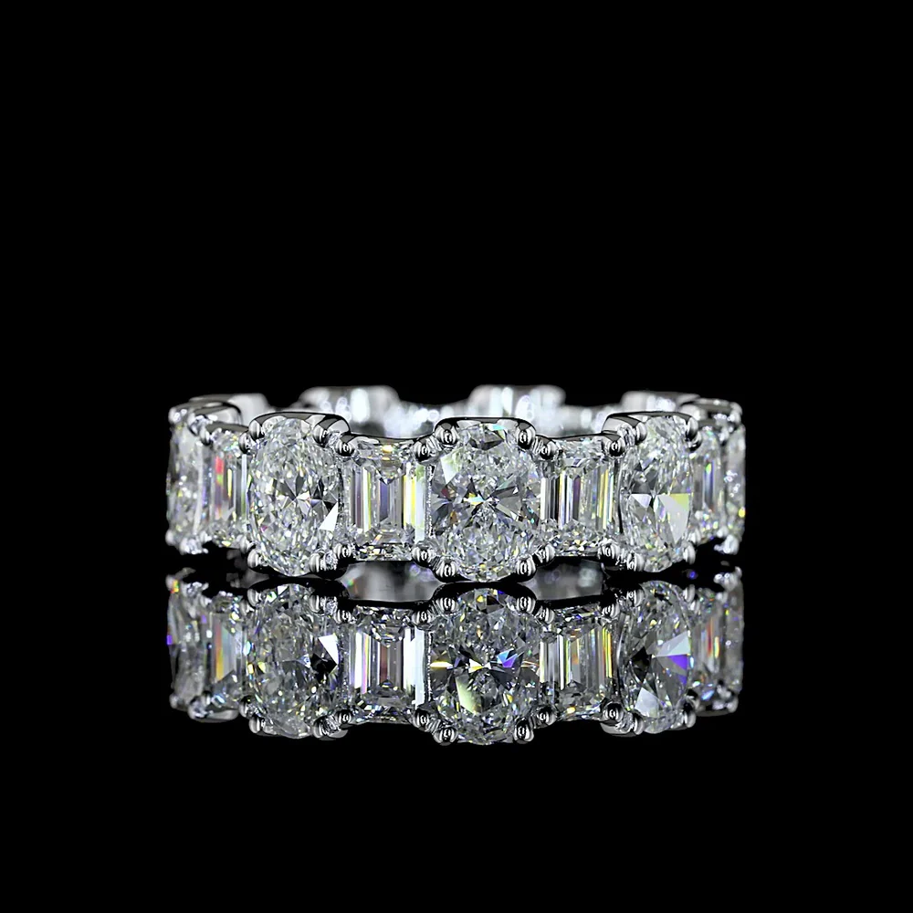 14K White Gold Eternity Band with Alternating Oval and Emerald Cut Lab Diamonds - 4.76 Carats Total Diamond Weight - Covaloro Fine Jewelry