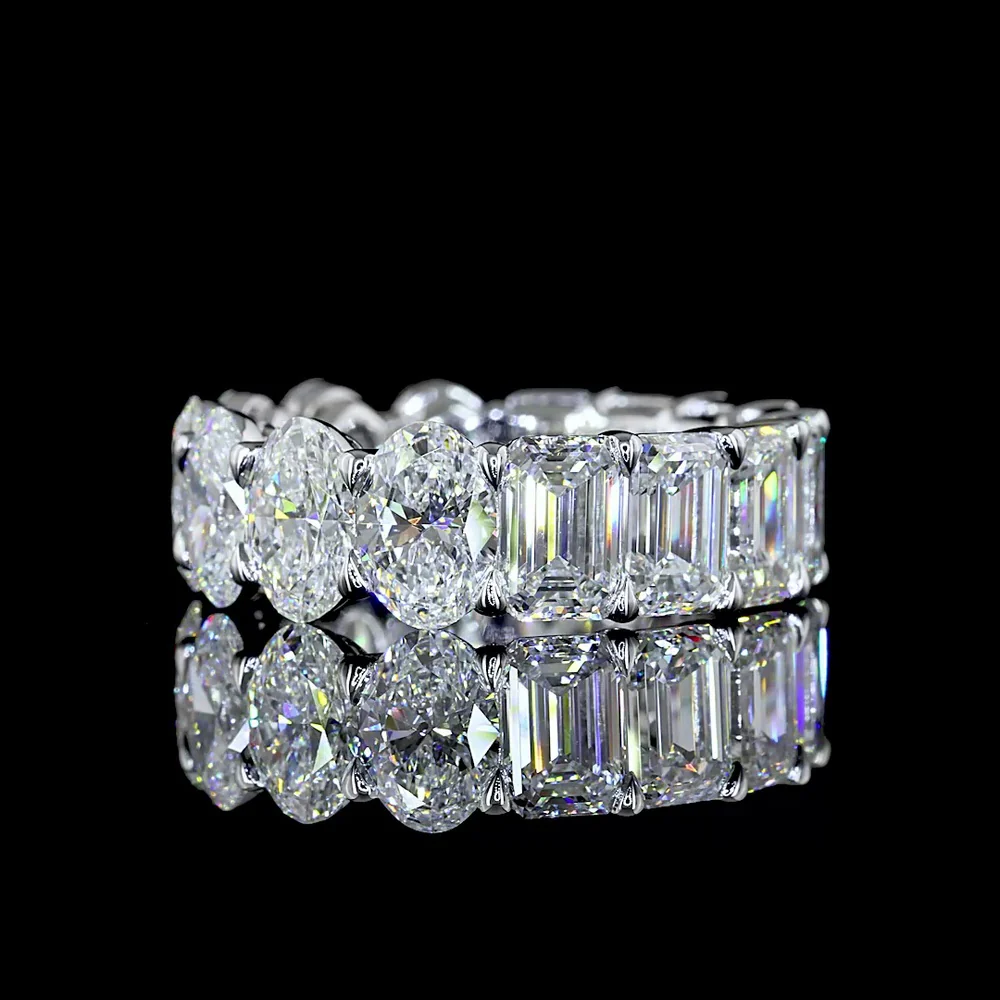 14K White Gold Eternity Band with Emerald Cut and Oval Cut Lab Diamonds - 9.99 Carat Total Diamond Weight - Covaloro Fine Jewelry