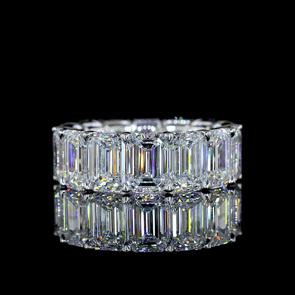 14K White Gold Eternity Band with Prong Set Emerald Cut Lab Diamonds - 14.38 Carat Total Weight, E-F Color, VVS2 Clarity - Covaloro Fine Jewelry