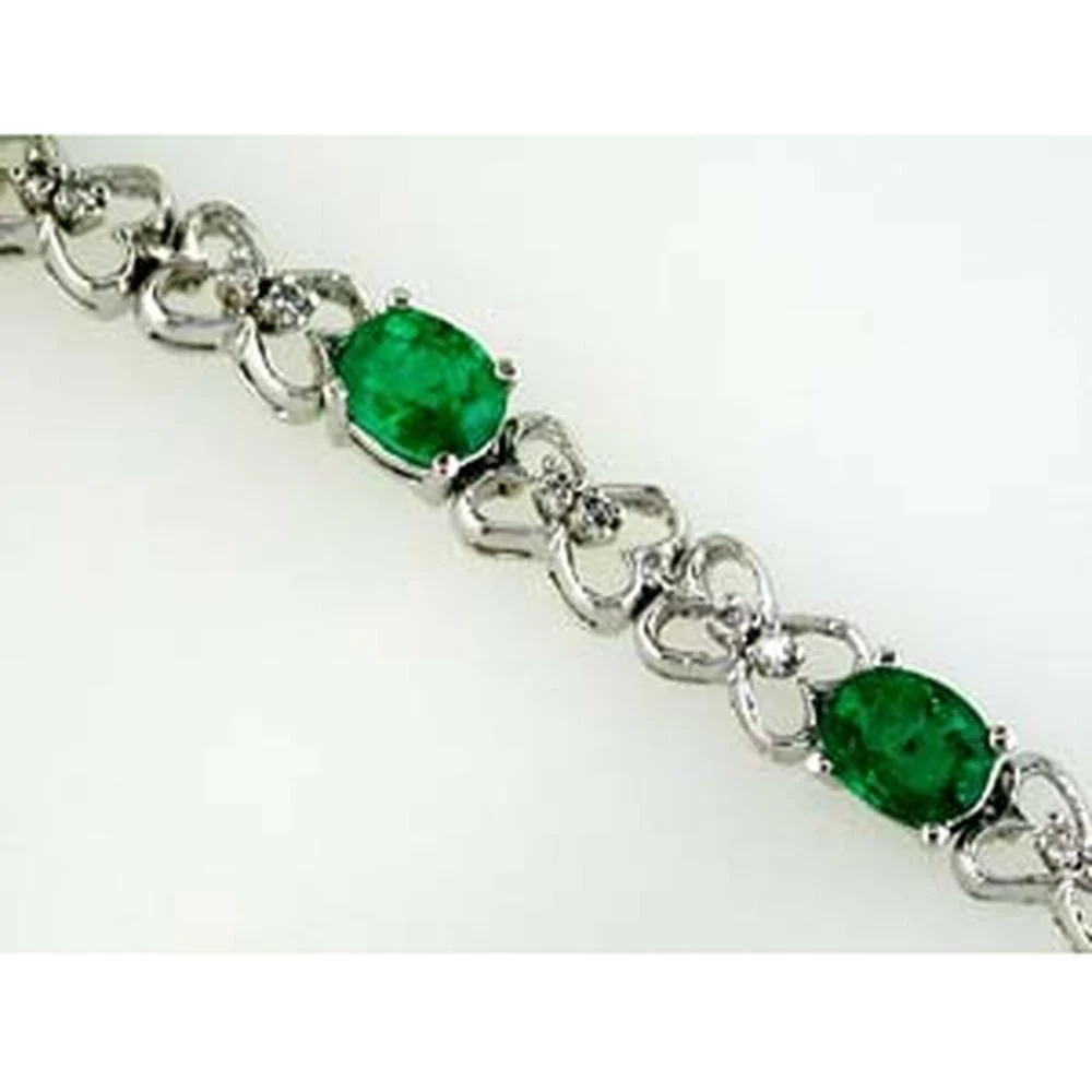 14K White Gold Fancy Link Bracelet with 3.50 Carat Oval Emeralds and 0.22 Carat Round Diamonds - Royal Jewelry