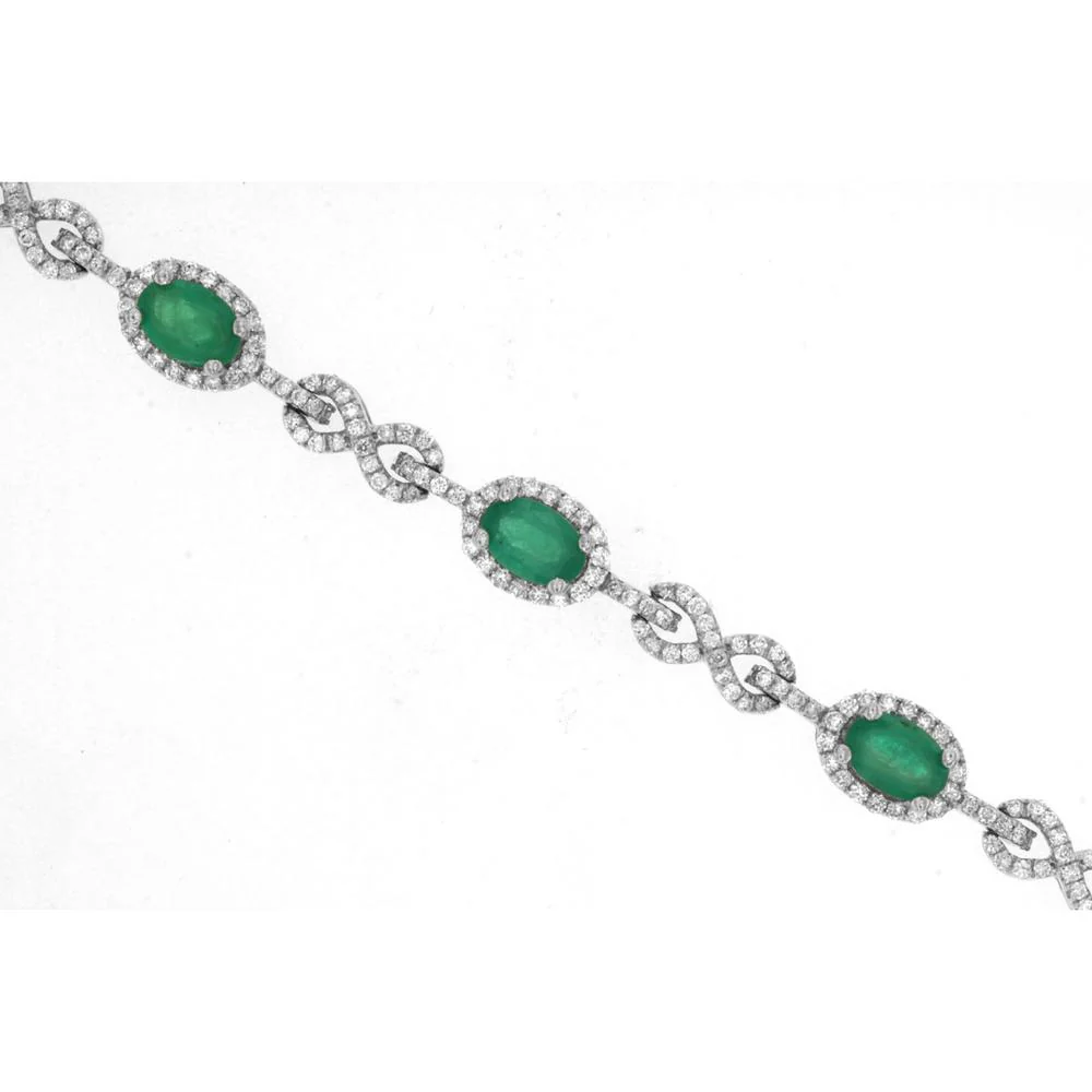 14K White Gold Fancy Link Bracelet with Oval Emeralds and Diamond Halos - 3.50 Carat Emerald Total Weight & 2.00 Carat Diamond Total Weight - Royal Jewelry