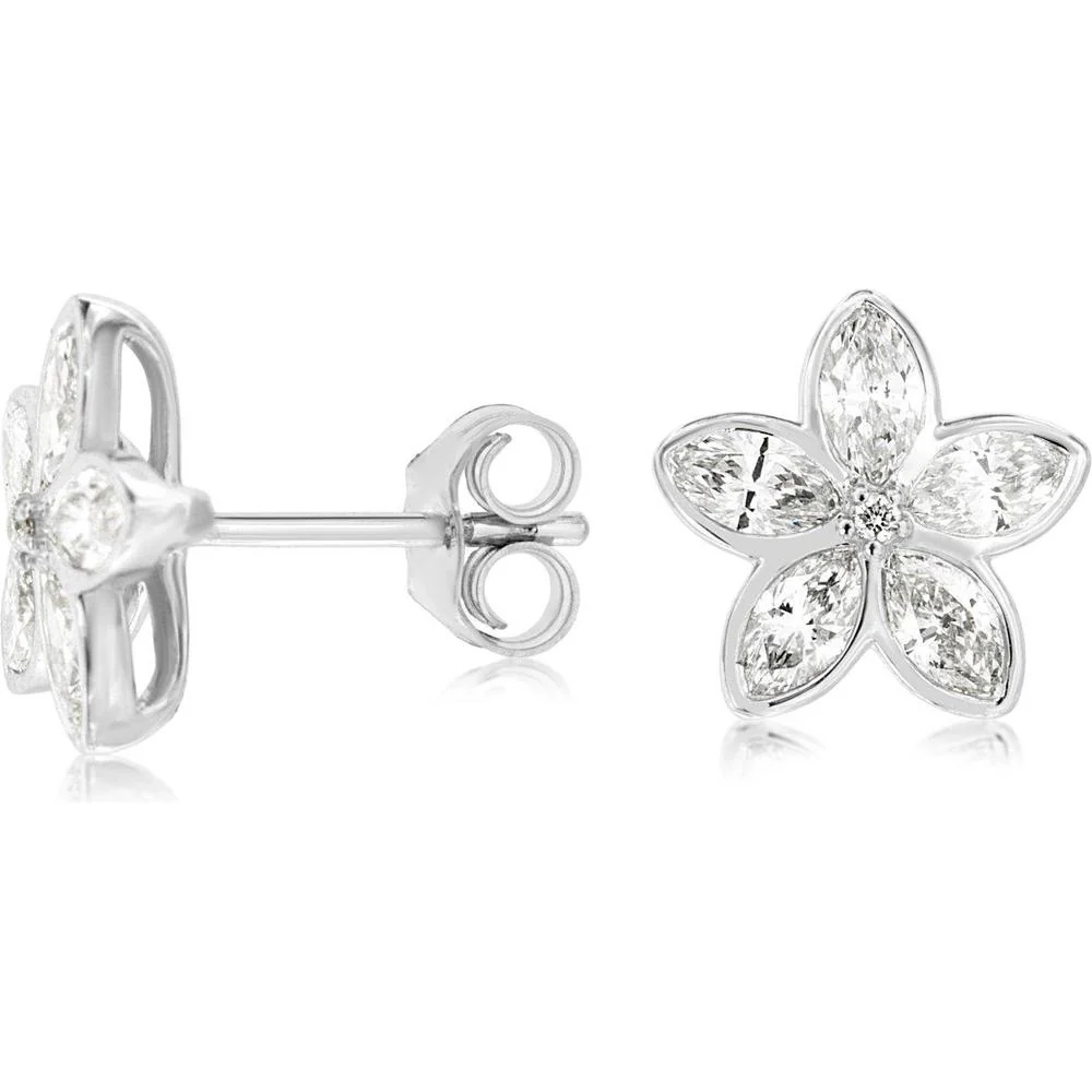 14K White Gold Five-Petal Flower Stud Earrings with Marquise and Round Diamonds - 0.96 Carat Total Diamond Weight - Royal Jewelry