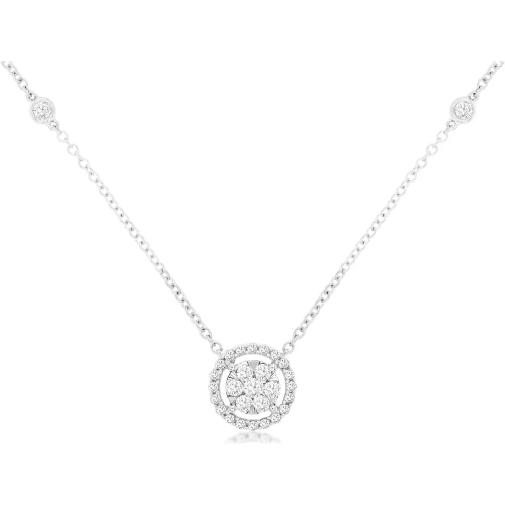 14K White Gold Five Station Diamond Necklace with Halo Cluster Pendant and Bezel Set Accents - 0.33 Carat Total Diamond Weight - Royal Jewelry