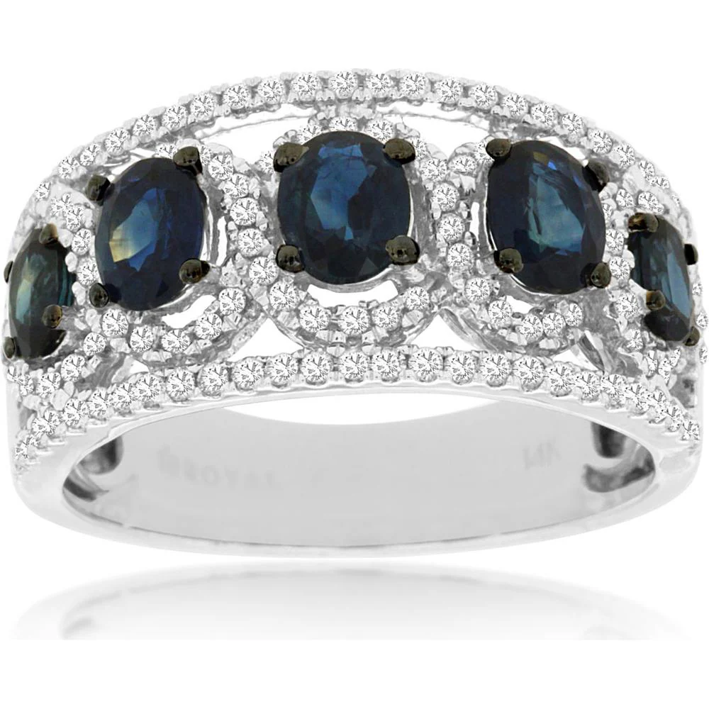 14K White Gold Five-Stone Band with Oval Sapphires and Diamond Halo Detail - 1.75 Carat Total Sapphire Weight, 0.50 Carat Total Diamond Weight - Royal Jewelry