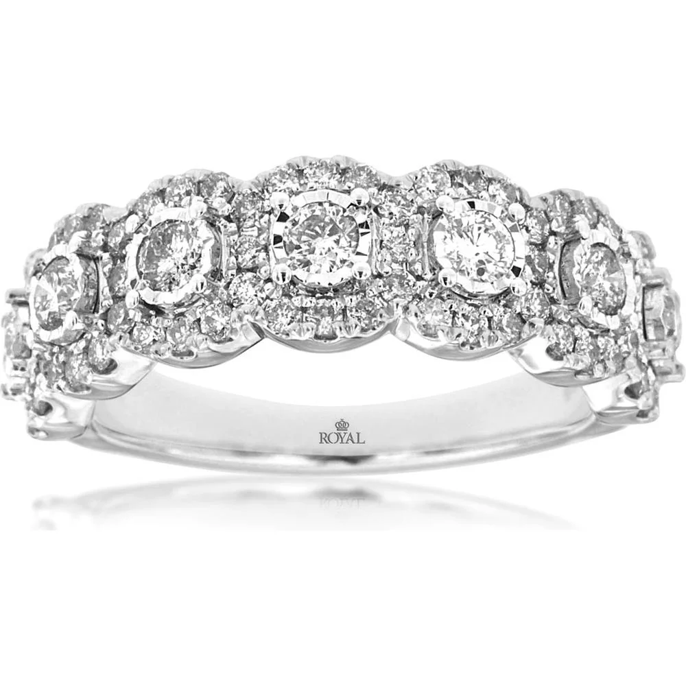 14K White Gold Five-Stone Diamond Wedding Band with Round Brilliant Halo Setting - 1.00 Carat Total Diamond Weight - Royal Jewelry