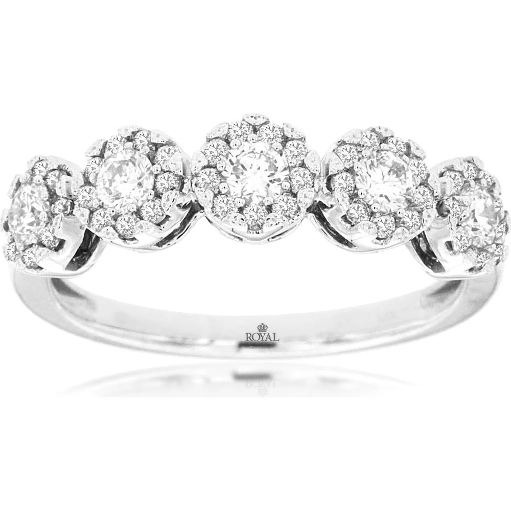 14K White Gold Five Stone Halo Diamond Wedding Band Ring - 0.75 Carat Total Diamond Weight - Royal Jewelry