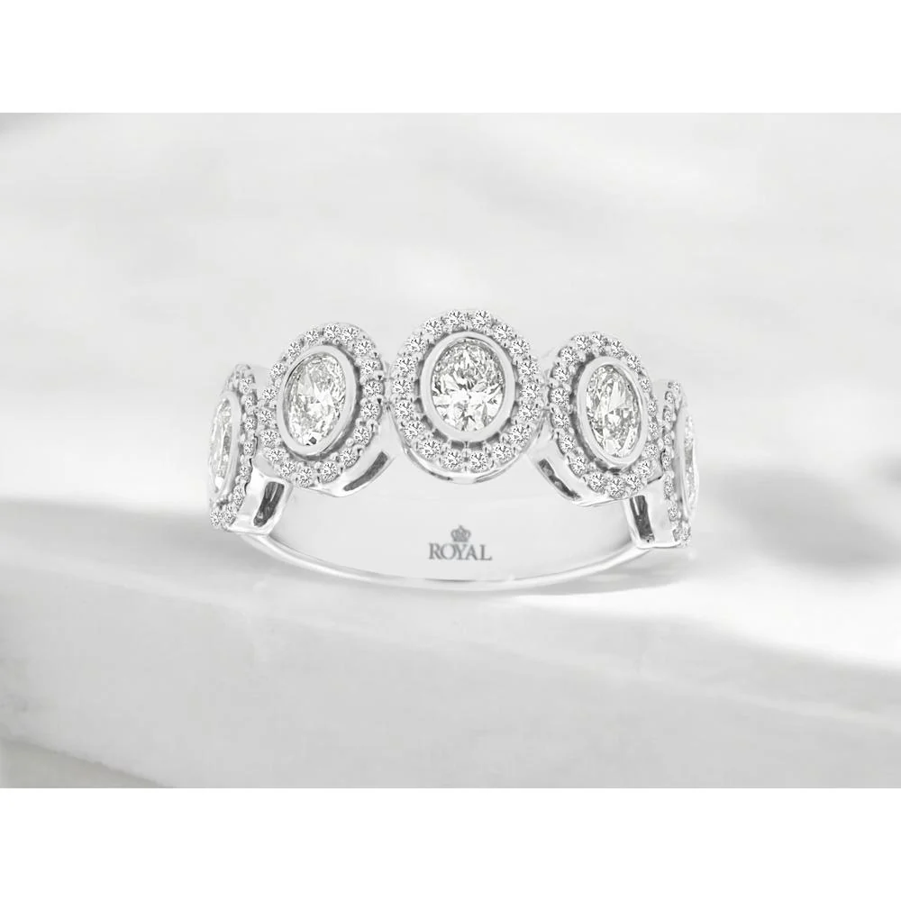 14K White Gold Five-Stone Oval Diamond Halo Wedding Band with Milgrain Detail - 1.42 Carat Total Diamond Weight - Royal Jewelry - Image 2