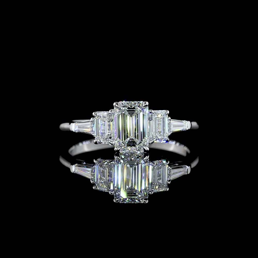 14K White Gold Five Stone Ring with 1.03 Carat Emerald Cut Lab Diamond Center, Tapered Baguette & Emerald Cut Side Stones - 1.80 Carat Total Diamond Weight - Covaloro Fine Jewelry