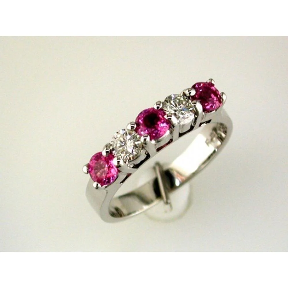 14K White Gold Five-Stone Ring with Alternating Round Pink Sapphires (0.90 Ct Total) and Round Diamonds (0.40 Ct Total) - Shared Prong Setting - Royal Jewelry