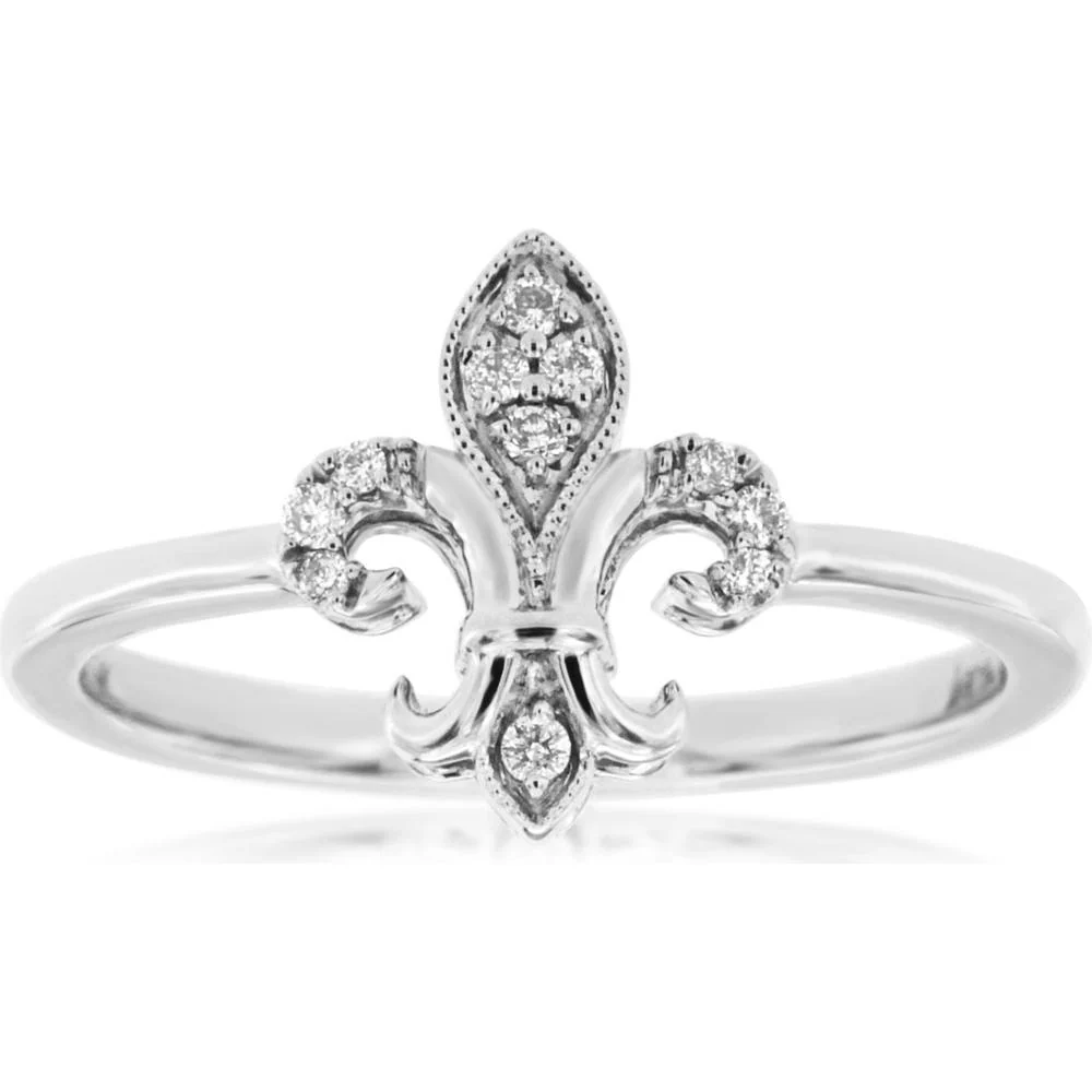 14K White Gold Fleur-de-Lis Motif Ring with 12 Round Diamonds - 0.07 Carat Total Weight and Milgrain Detailing - Royal Jewelry