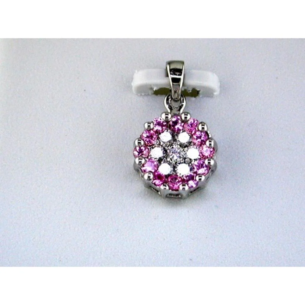 14K White Gold Floral Halo Pendant with Round Diamonds (0.25ct) and Round Pink Sapphires (0.40ct) - 0.65 Carat Total Gem Weight - Royal Jewelry