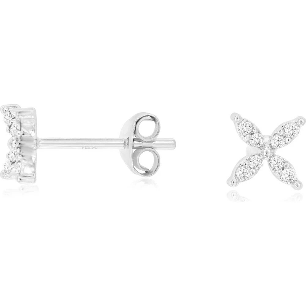 14K White Gold Floral-Inspired Diamond Stud Earrings with Round Brilliant Cut Stones - 0.15 Carat Total Diamond Weight - Royal Jewelry