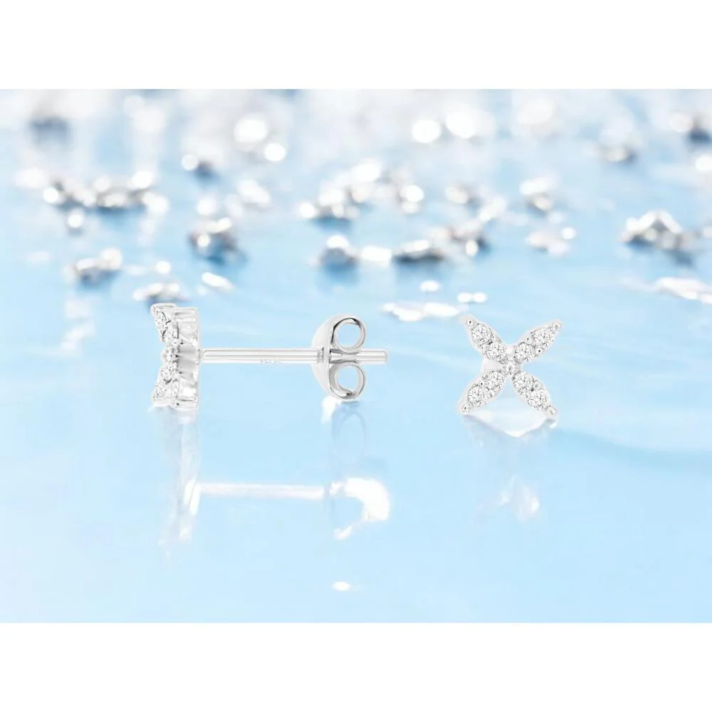 14K White Gold Floral-Inspired Diamond Stud Earrings with Round Brilliant Cut Stones - 0.15 Carat Total Diamond Weight - Royal Jewelry - Image 2
