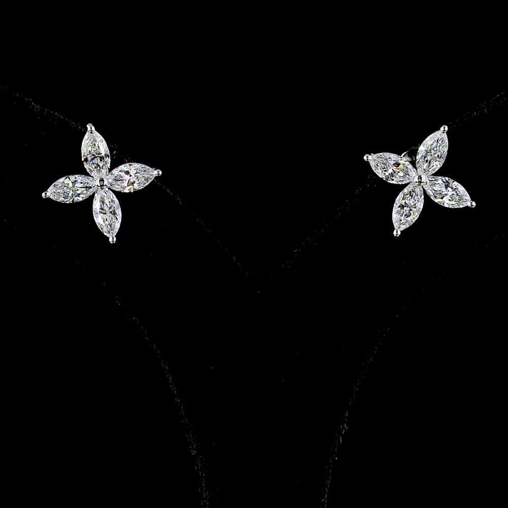 14K White Gold Floral Marquise Cut Lab Diamond Stud Earrings - 3.03 Carats Total Diamond Weight - Covaloro Fine Jewelry