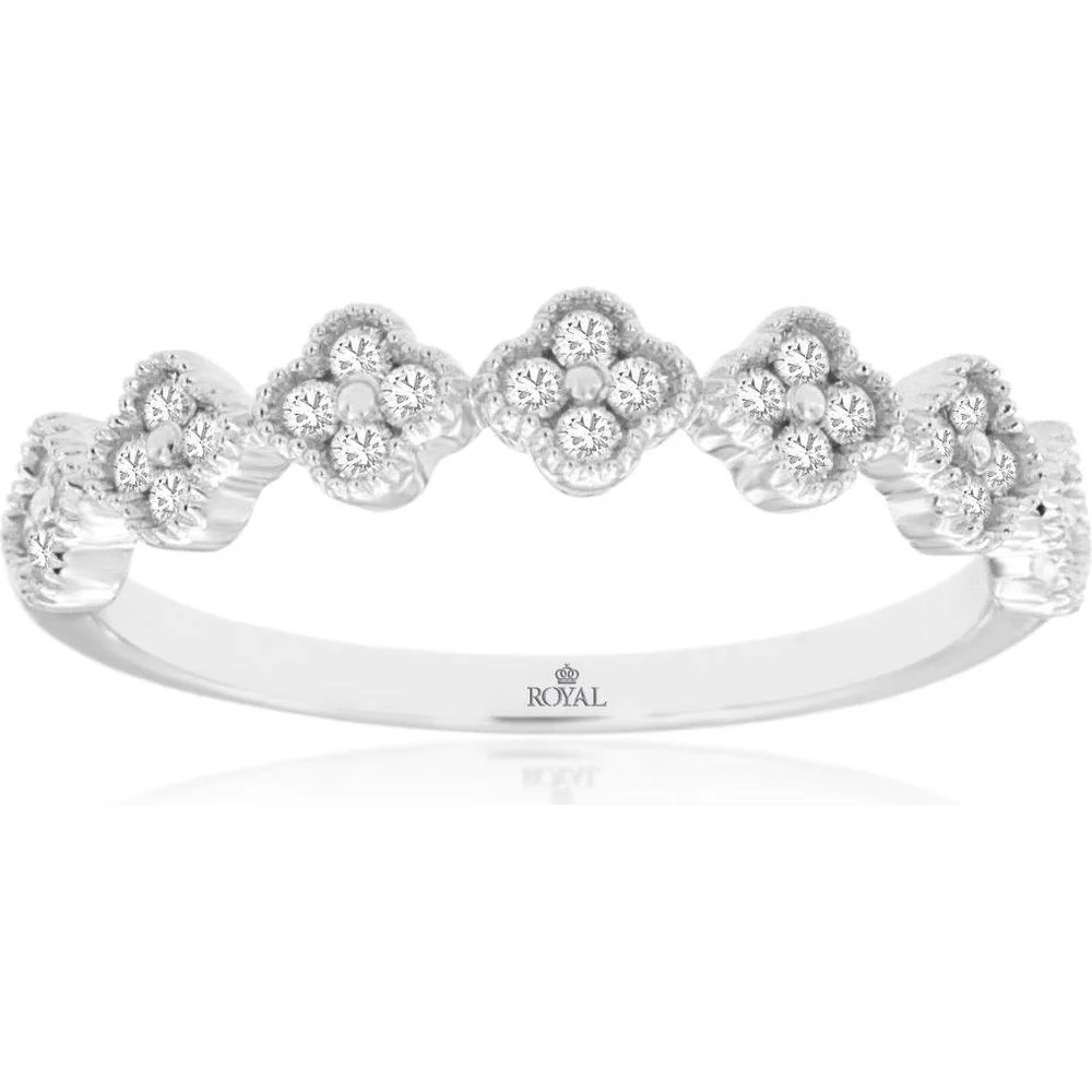 14K White Gold Floral Milgrain Diamond Wedding Band with 0.25 Carat Total Weight Round Brilliant Cut Diamonds in Prong and Halo Setting - Royal Jewelry
