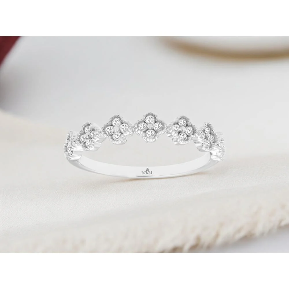 14K White Gold Floral Milgrain Diamond Wedding Band with 0.25 Carat Total Weight Round Brilliant Cut Diamonds in Prong and Halo Setting - Royal Jewelry - Image 2