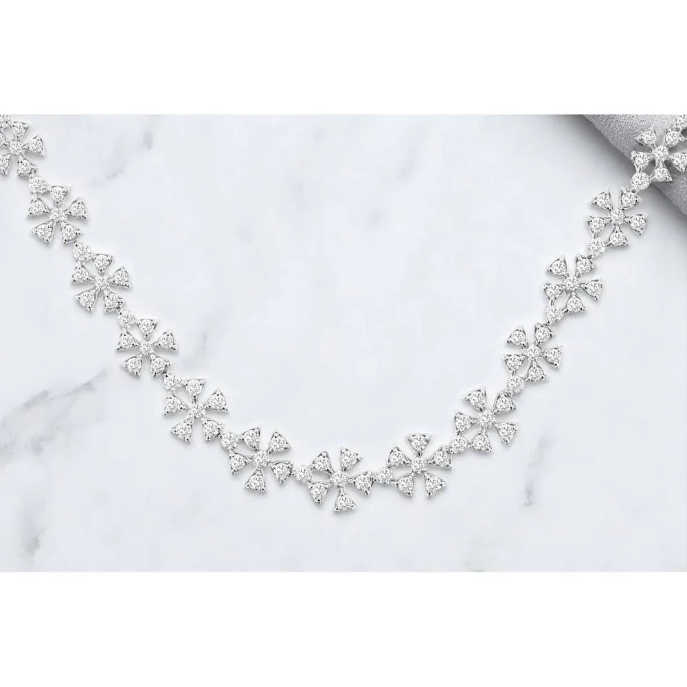 14K White Gold Floral Motif Diamond Necklace with Petal-Shaped Diamond Stations - 2.65 Carat Total Diamond Weight - Royal Jewelry - Image 2
