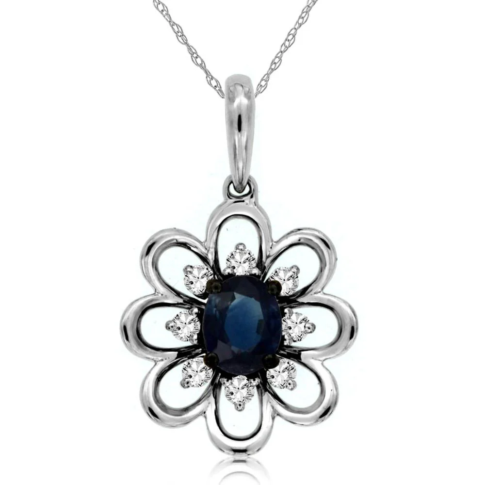 14K White Gold Floral Oval Sapphire and Diamond Pendant with 0.38 Carat Sapphire and 0.12 Carat Total Diamond Weight - Royal Jewelry