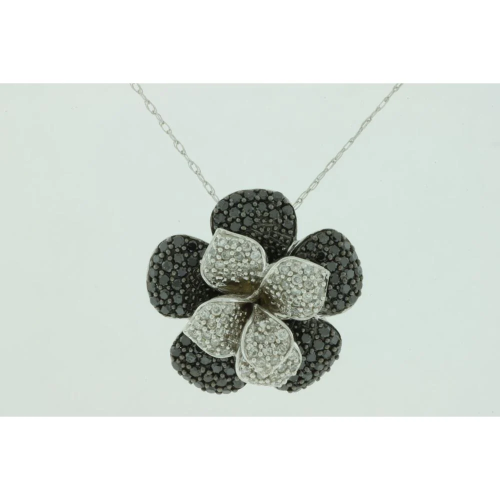 14K White Gold Floral Pendant with Black and White Diamonds - 1.25 Carats Total Diamond Weight - Royal Jewelry