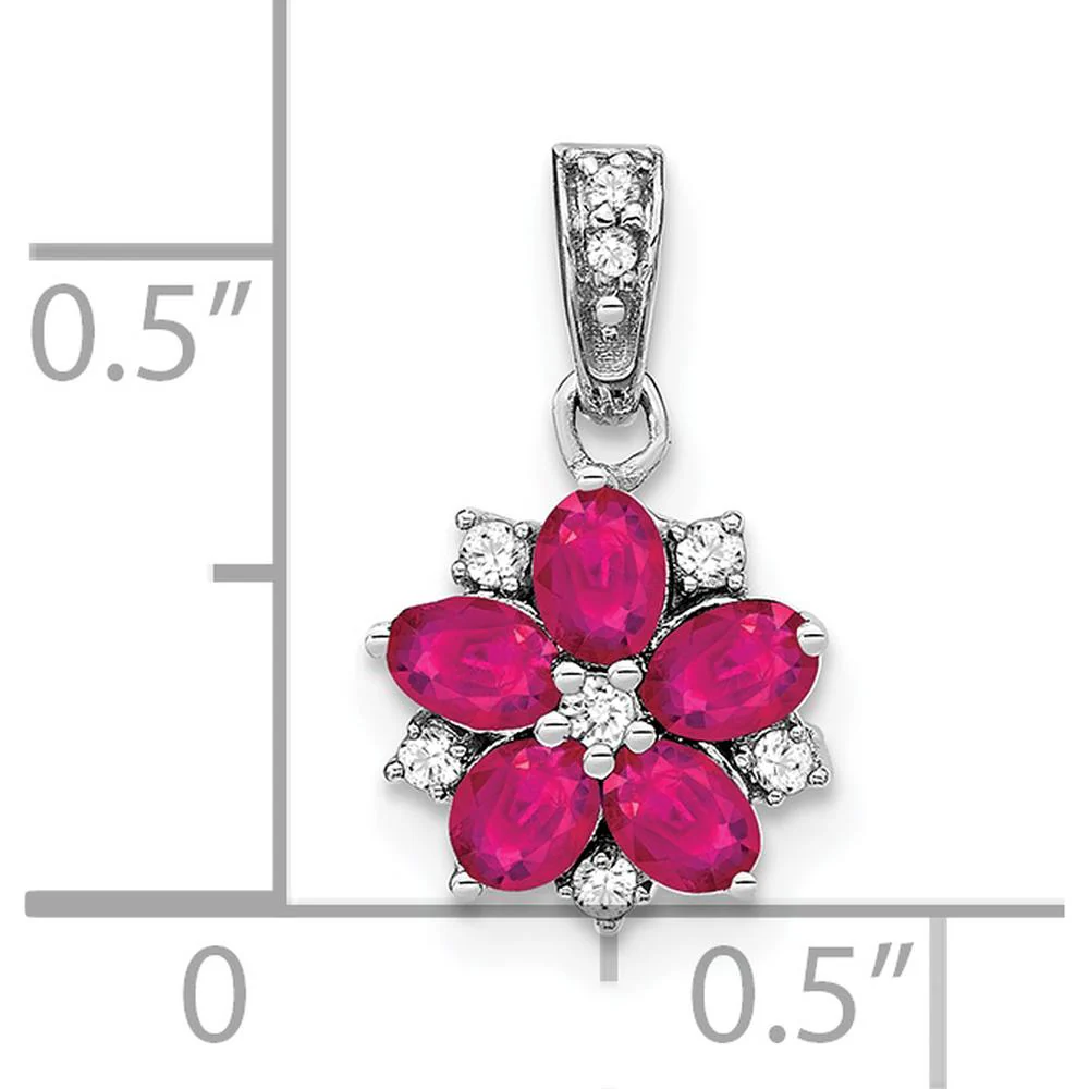 14K White Gold Floral Pendant with Oval Rubies and Round Diamonds - 0.162 Carat Ruby, 0.037 Carat Diamond Total Weight by Lumare Gioia - Image 3